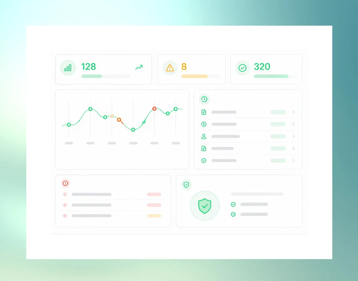 Painel com métricas, gráficos e indicadores de conformidade