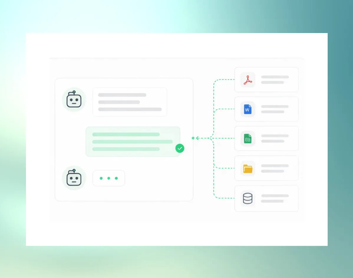 Ilustração de assistente de conhecimento conectando documentos corporativos