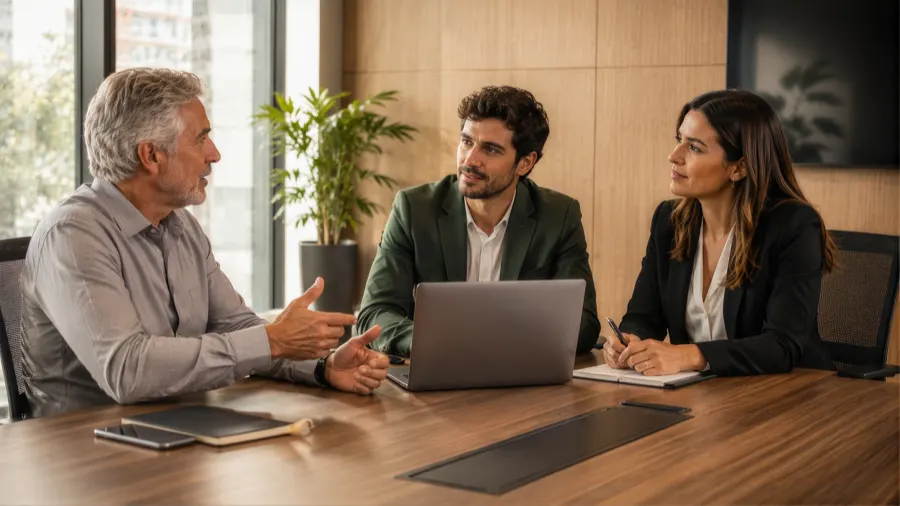Equipe reunida discutindo estratégia em sala de reunião
