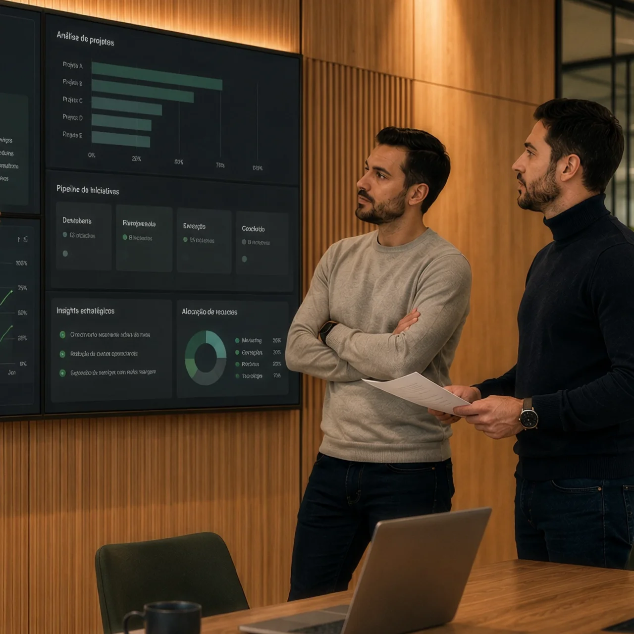Consultores analisando indicadores estratégicos em painel corporativo